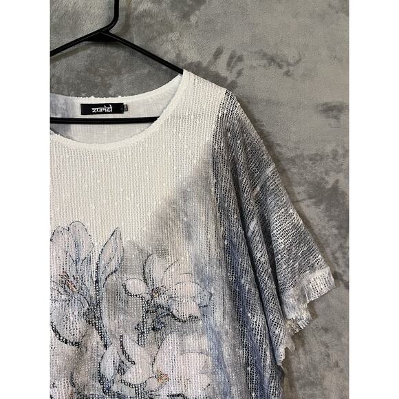 Zuriet Artsy Mesh Tunic Blouse Gray Blue White Womens S/M Attached Tank Cute - Picture 2 of 9